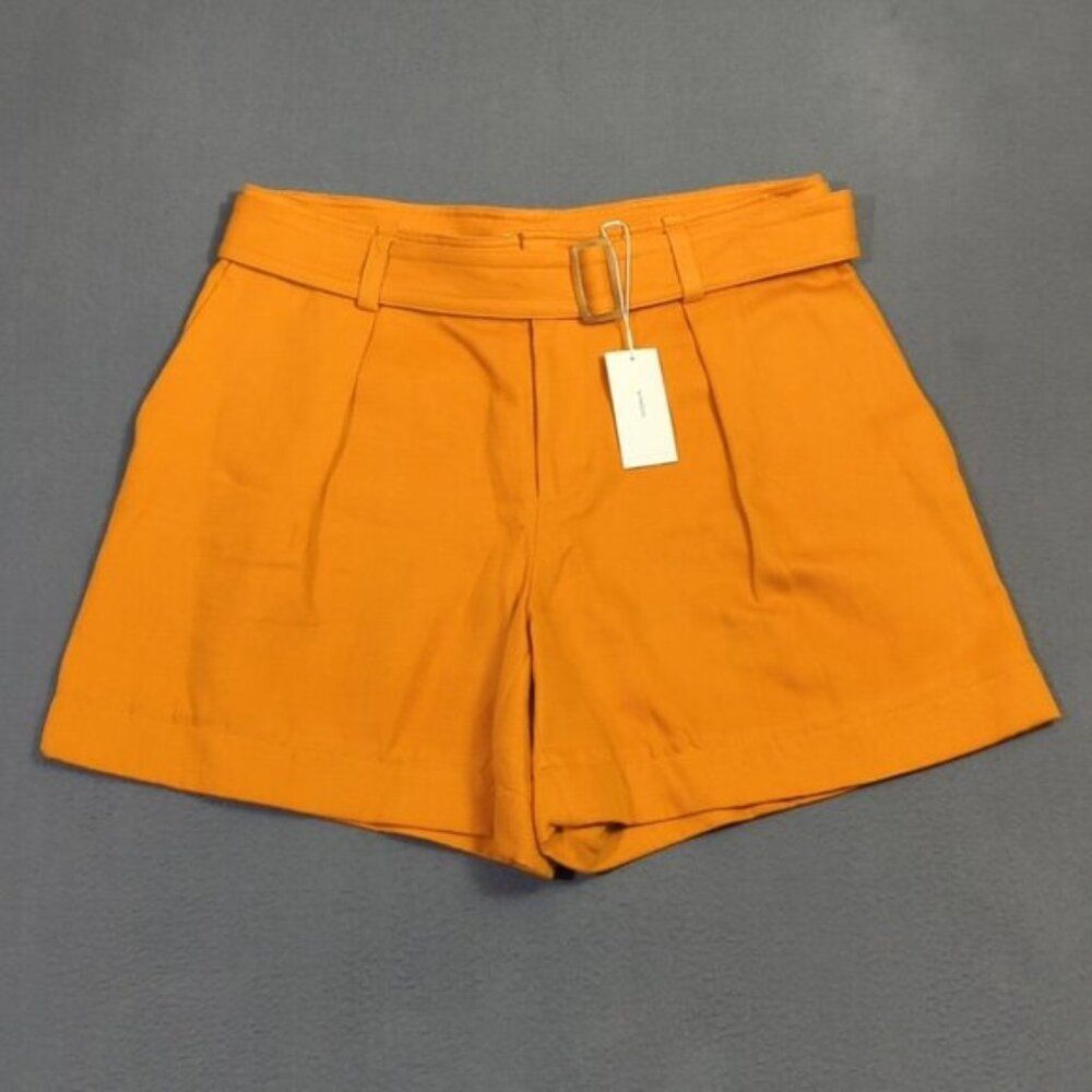 Vince Shorts Women's 14 Burnt Orange High Rise Belted Twill Cotton Linen Blend